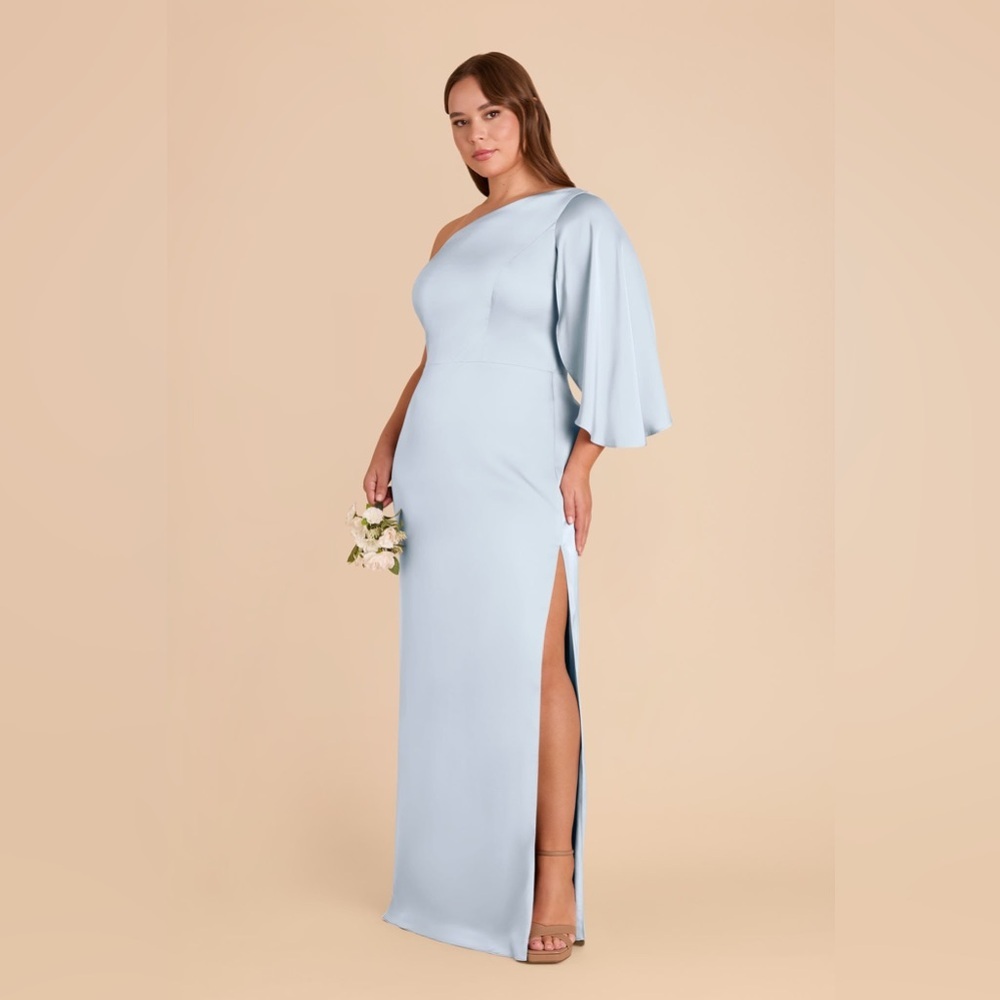 Birdy Grey Christine One-Shoulder Dress Matte Satin Mist Blue Size 0X (16) NWT